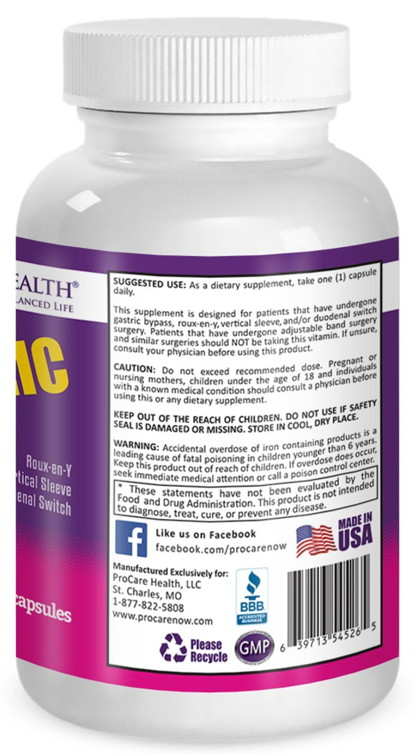 ProCare Health Bariatric Multivitamin 45mg Iron – Once Daily Capsule for Gastric Bypass, Sleeve & Post-Op Support – 90 Easy-to-Swallow Capsules, 3-Month Supply, No Artificial Colors, Gluten-Free by Shahmori