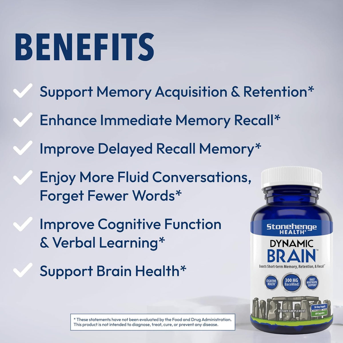 Stonehenge Health Dynamic Brain Supplement – New Formula with BacoMind for Memory Acquisition, Retention, & Recall with 40 Unique Nootropic: Choline, Phosphatidylserine, and Huperzine A by Shahmori
