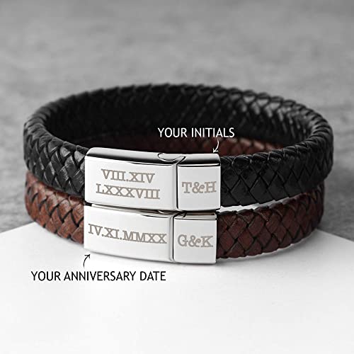 Roman Numerals Engraved Mens Bracelet, Woven Braided Leather Bracelet by Green Millie