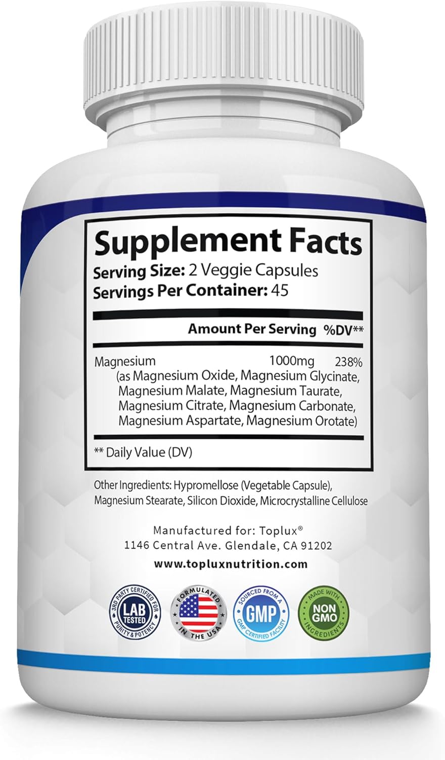 Magnesium Complex Supplement 8 Elemental 1000mg - Magnesium Glycinate, Citrate, Malate, Taurate, Chelated for Easy Absorption for Bones, Muscle, Recovery, Energy, Vegan Non-GMO 90 Capsules by KARONDA RENE LEWIS