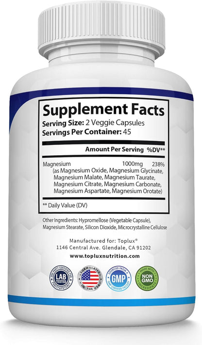 Magnesium Complex Supplement 8 Elemental 1000mg - Magnesium Glycinate, Citrate, Malate, Taurate, Chelated for Easy Absorption for Bones, Muscle, Recovery, Energy, Vegan Non-GMO 90 Capsules by KARONDA RENE LEWIS