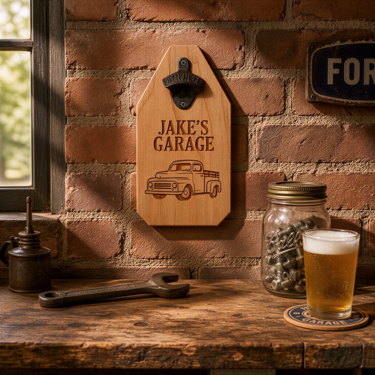 Personalized Garage Sign, wood garage sign, rustic garage sign, Custom Father's Day Gift for Grandpa Dad, Old Truck Beer Bottle Opener by Joyful Moose