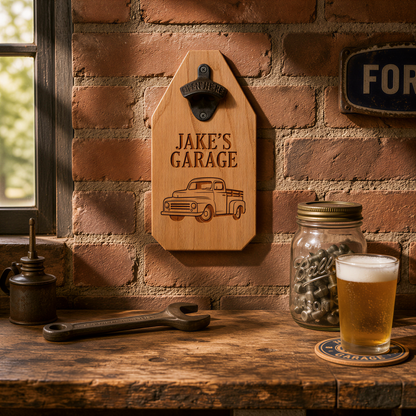 Personalized Garage Sign, wood garage sign, rustic garage sign, Custom Father's Day Gift for Grandpa Dad, Old Truck Beer Bottle Opener by Joyful Moose