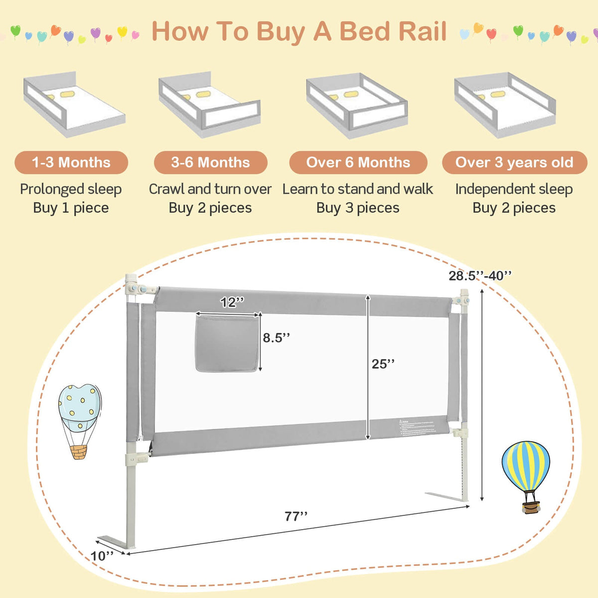 Gray toddler bed rail, 76.8 inch, with mesh panel by GBruno Store