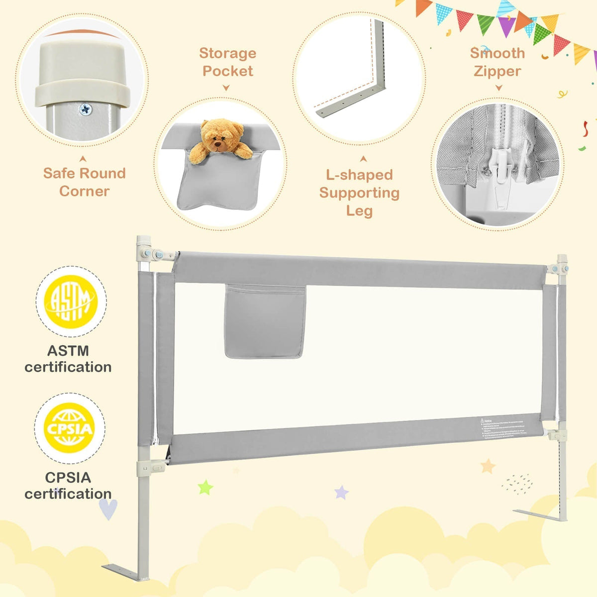 Gray toddler bed rail, 76.8 inch, with mesh panel by GBruno Store, view 7