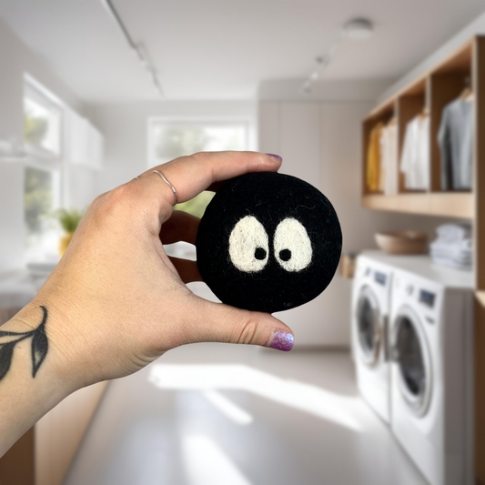Organic wool dryer balls in Soot Sprite design