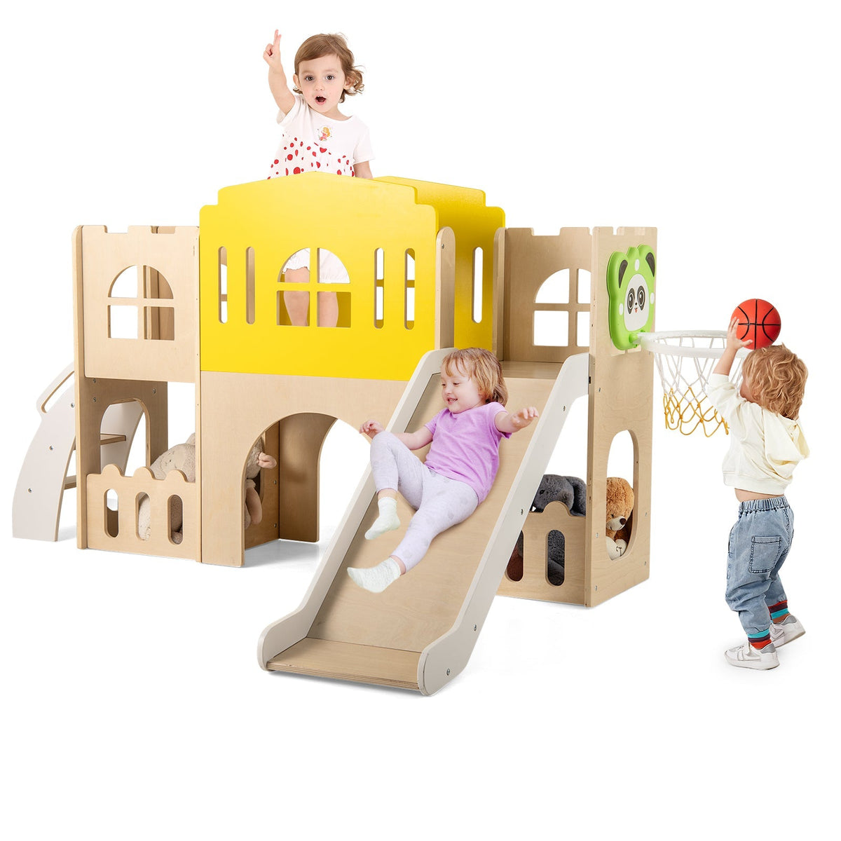 7-in-1 toddler castle slide set with climber and basketball hoop by GBruno Store, view 3