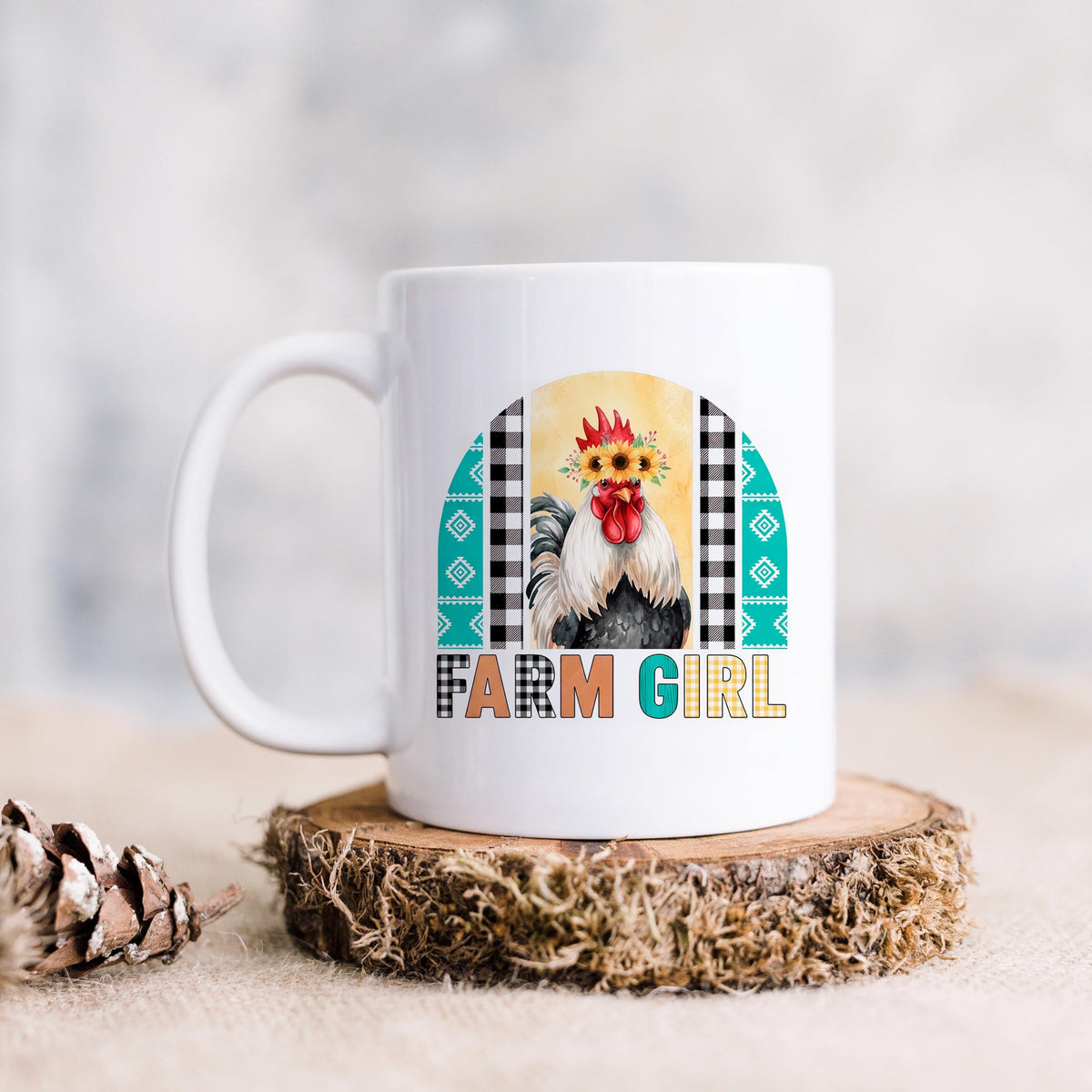 Farm Girl Mug – Rustic Farmhouse Coffee Cup with Sunflower Chicken Art by Joyful Moose