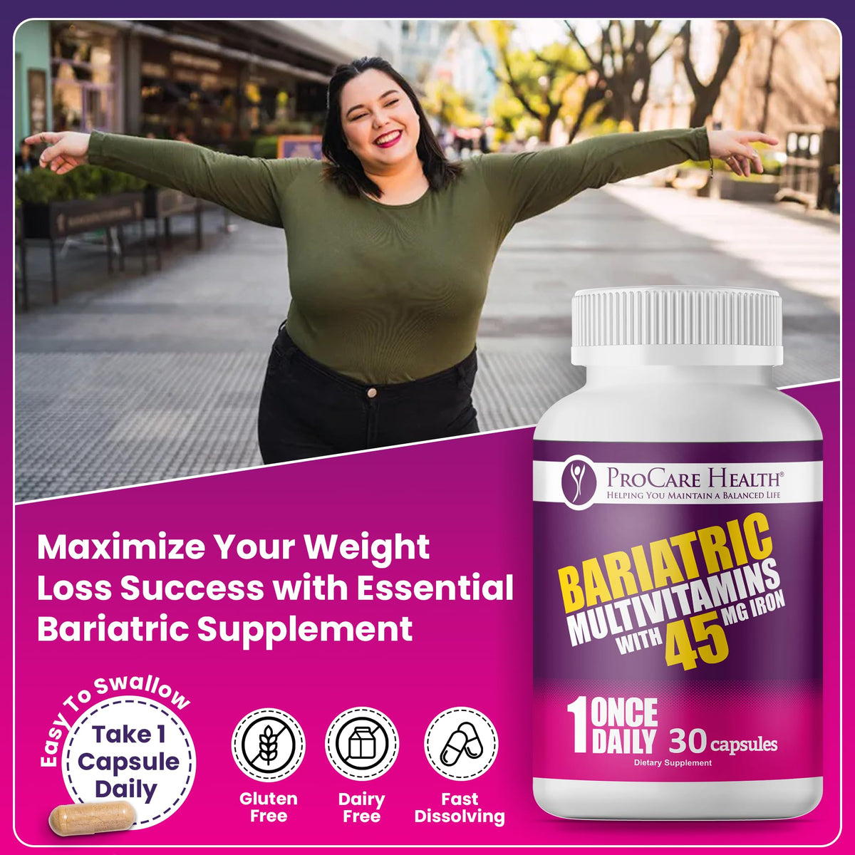 ProCare Health Bariatric Multivitamin 45mg Iron – Once Daily Capsule for Gastric Bypass, Sleeve & Post-Op Support – 90 Easy-to-Swallow Capsules, 3-Month Supply, No Artificial Colors, Gluten-Free by Shahmori