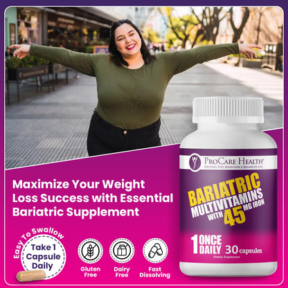 ProCare Health Bariatric Multivitamin 45mg Iron – Once Daily Capsule for Gastric Bypass, Sleeve & Post-Op Support – 90 Easy-to-Swallow Capsules, 3-Month Supply, No Artificial Colors, Gluten-Free by Shahmori