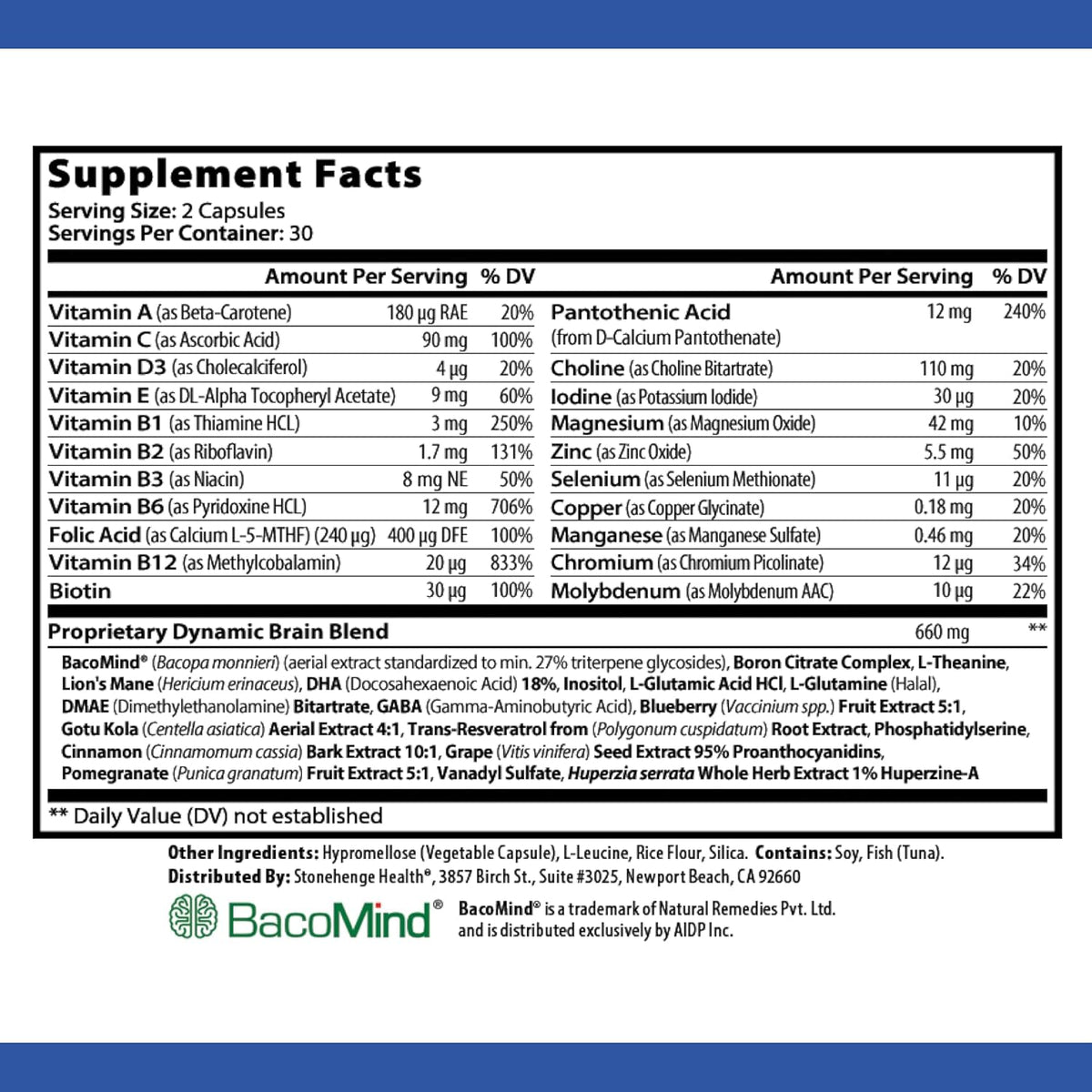 Stonehenge Health Dynamic Brain Supplement – New Formula with BacoMind for Memory Acquisition, Retention, & Recall with 40 Unique Nootropic: Choline, Phosphatidylserine, and Huperzine A by Shahmori