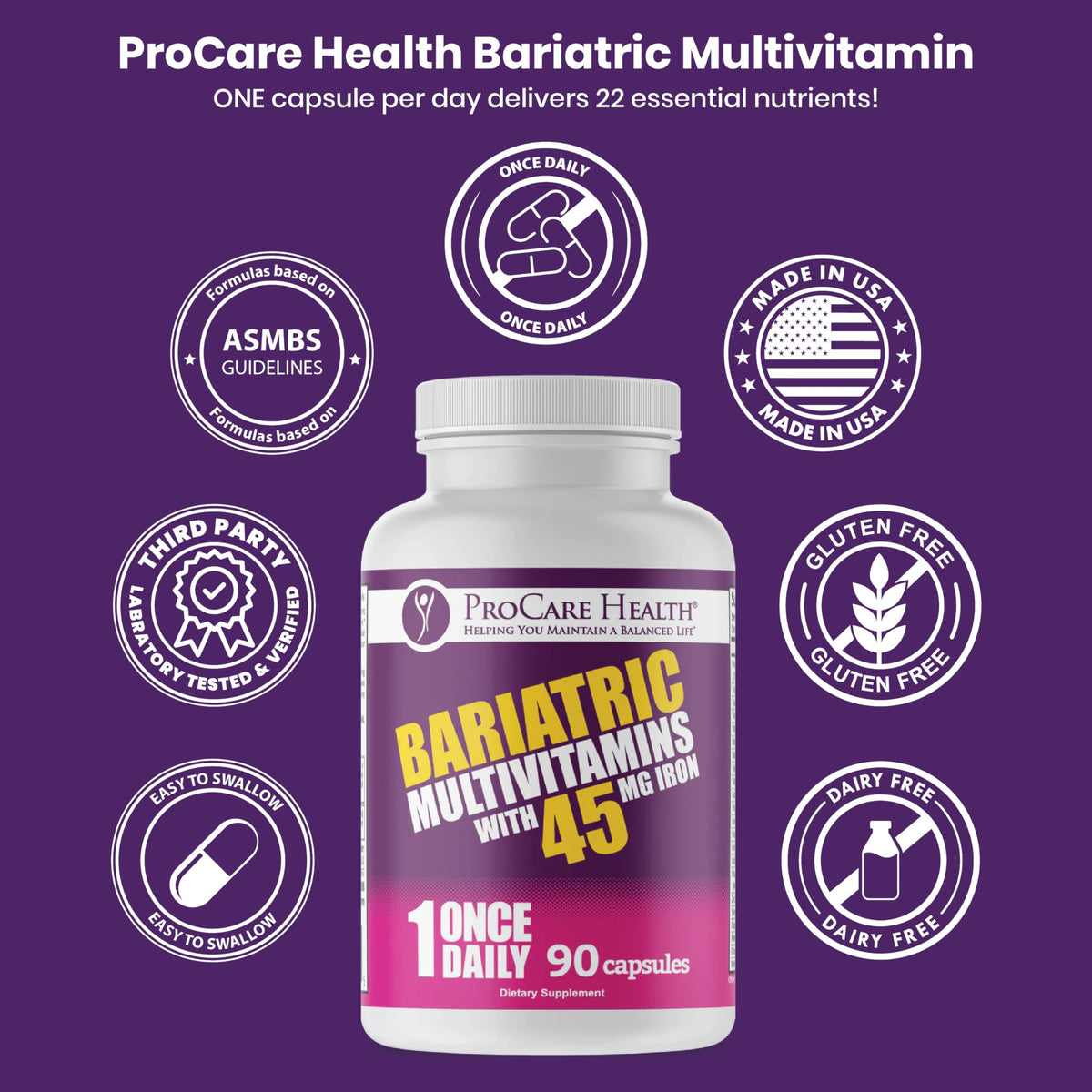 ProCare Health Bariatric Multivitamin 45mg Iron – Once Daily Capsule for Gastric Bypass, Sleeve & Post-Op Support – 90 Easy-to-Swallow Capsules, 3-Month Supply, No Artificial Colors, Gluten-Free by Shahmori