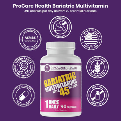 ProCare Health Bariatric Multivitamin 45mg Iron – Once Daily Capsule for Gastric Bypass, Sleeve & Post-Op Support – 90 Easy-to-Swallow Capsules, 3-Month Supply, No Artificial Colors, Gluten-Free by Shahmori