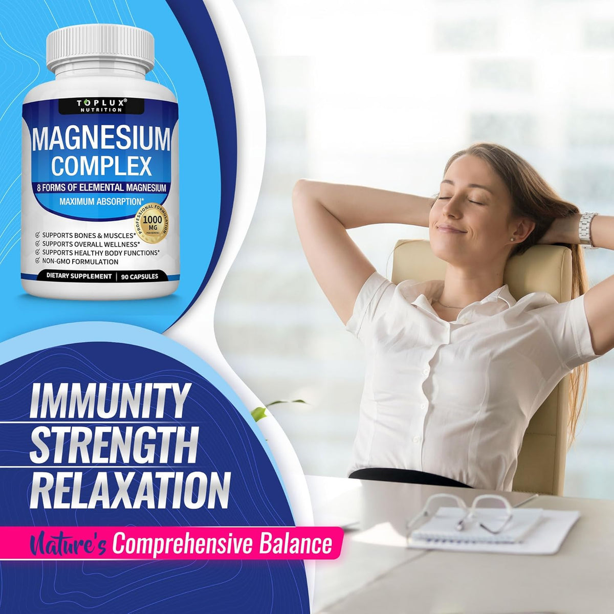 Magnesium Complex Supplement 8 Elemental 1000mg - Magnesium Glycinate, Citrate, Malate, Taurate, Chelated for Easy Absorption for Bones, Muscle, Recovery, Energy, Vegan Non-GMO 90 Capsules by KARONDA RENE LEWIS