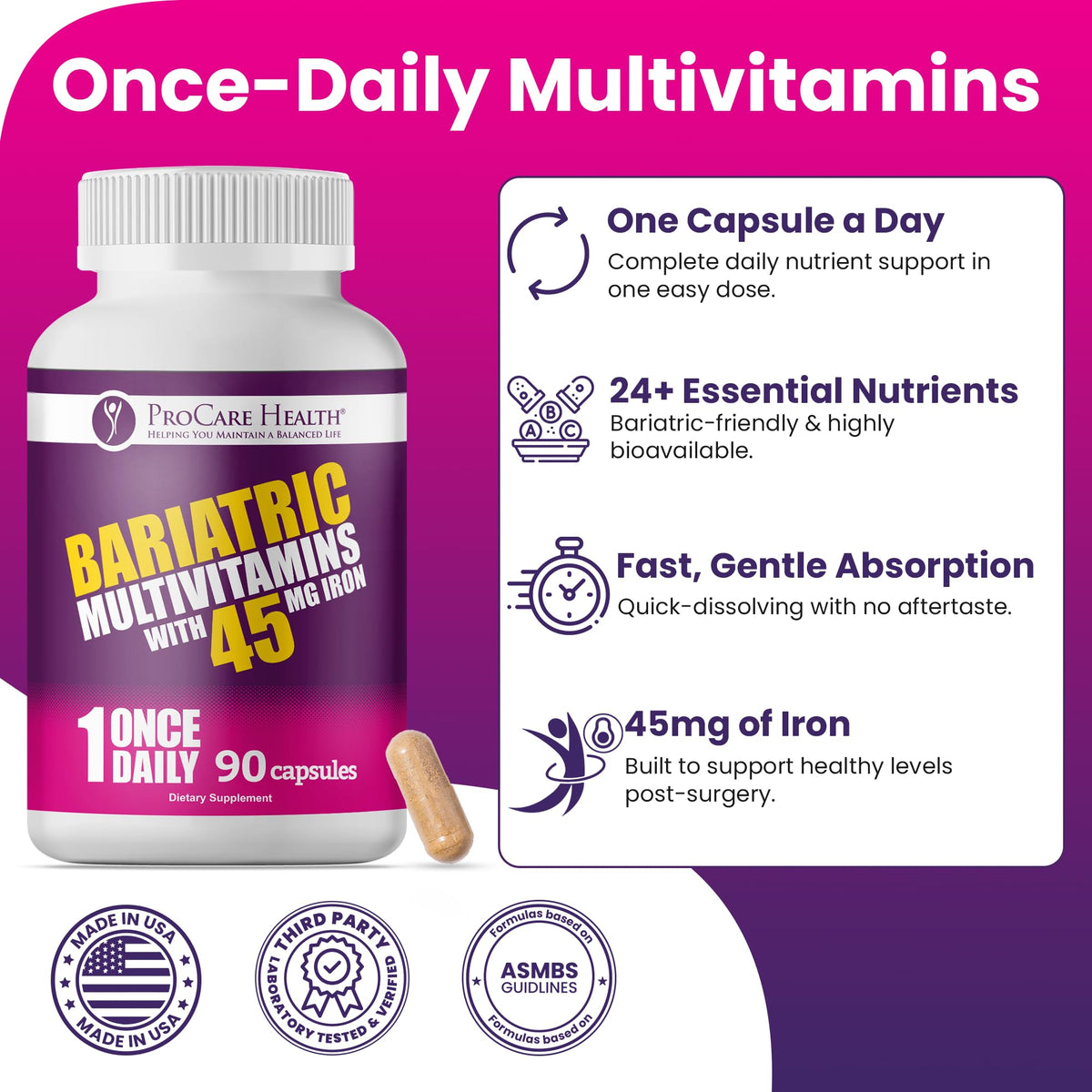 ProCare Health Bariatric Multivitamin 45mg Iron – Once Daily Capsule for Gastric Bypass, Sleeve & Post-Op Support – 90 Easy-to-Swallow Capsules, 3-Month Supply, No Artificial Colors, Gluten-Free by Shahmori