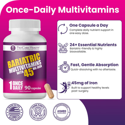 ProCare Health Bariatric Multivitamin 45mg Iron – Once Daily Capsule for Gastric Bypass, Sleeve & Post-Op Support – 90 Easy-to-Swallow Capsules, 3-Month Supply, No Artificial Colors, Gluten-Free by Shahmori