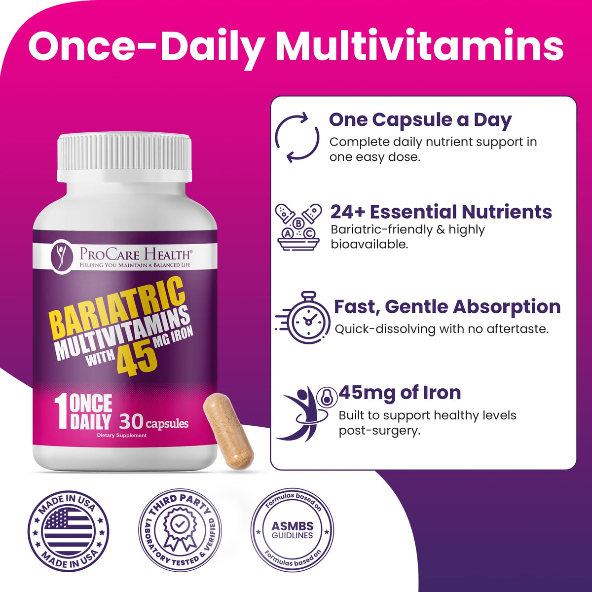ProCare Health Bariatric Multivitamin 45mg Iron – Once Daily Capsule for Gastric Bypass, Sleeve & Post-Op Support – 90 Easy-to-Swallow Capsules, 3-Month Supply, No Artificial Colors, Gluten-Free by Shahmori