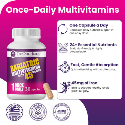 ProCare Health Bariatric Multivitamin 45mg Iron – Once Daily Capsule for Gastric Bypass, Sleeve & Post-Op Support – 90 Easy-to-Swallow Capsules, 3-Month Supply, No Artificial Colors, Gluten-Free by Shahmori