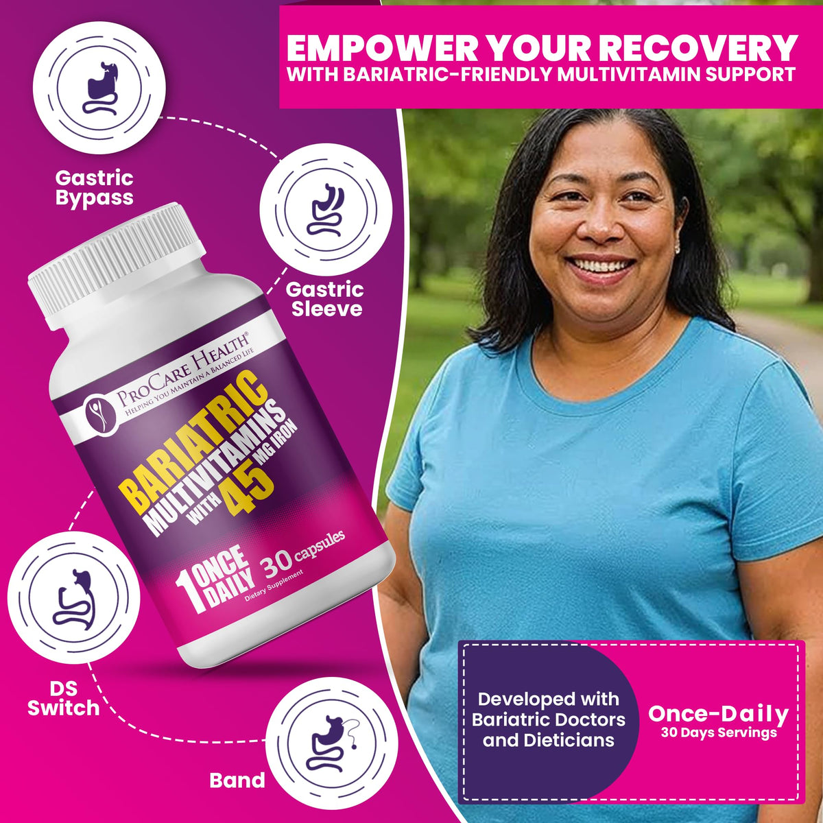 ProCare Health Bariatric Multivitamin 45mg Iron – Once Daily Capsule for Gastric Bypass, Sleeve & Post-Op Support – 90 Easy-to-Swallow Capsules, 3-Month Supply, No Artificial Colors, Gluten-Free by Shahmori