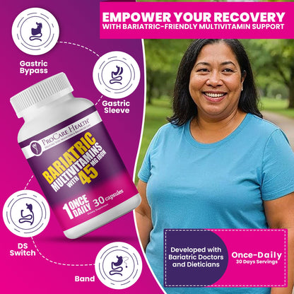 ProCare Health Bariatric Multivitamin 45mg Iron – Once Daily Capsule for Gastric Bypass, Sleeve & Post-Op Support – 90 Easy-to-Swallow Capsules, 3-Month Supply, No Artificial Colors, Gluten-Free by Shahmori