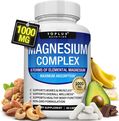 Magnesium Complex Supplement 8 Elemental 1000mg - Magnesium Glycinate, Citrate, Malate, Taurate, Chelated for Easy Absorption for Bones, Muscle, Recovery, Energy, Vegan Non-GMO 90 Capsules by KARONDA RENE LEWIS