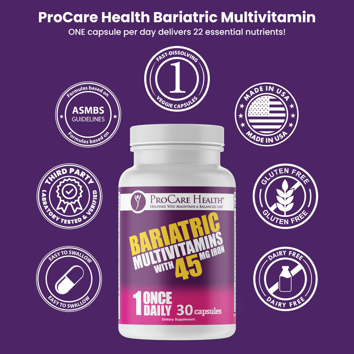 ProCare Health Bariatric Multivitamin 45mg Iron – Once Daily Capsule for Gastric Bypass, Sleeve & Post-Op Support – 90 Easy-to-Swallow Capsules, 3-Month Supply, No Artificial Colors, Gluten-Free by Shahmori