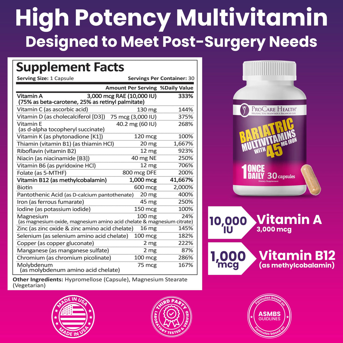 ProCare Health Bariatric Multivitamin 45mg Iron – Once Daily Capsule for Gastric Bypass, Sleeve & Post-Op Support – 90 Easy-to-Swallow Capsules, 3-Month Supply, No Artificial Colors, Gluten-Free by Shahmori