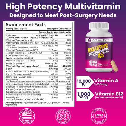 ProCare Health Bariatric Multivitamin 45mg Iron – Once Daily Capsule for Gastric Bypass, Sleeve & Post-Op Support – 90 Easy-to-Swallow Capsules, 3-Month Supply, No Artificial Colors, Gluten-Free by Shahmori