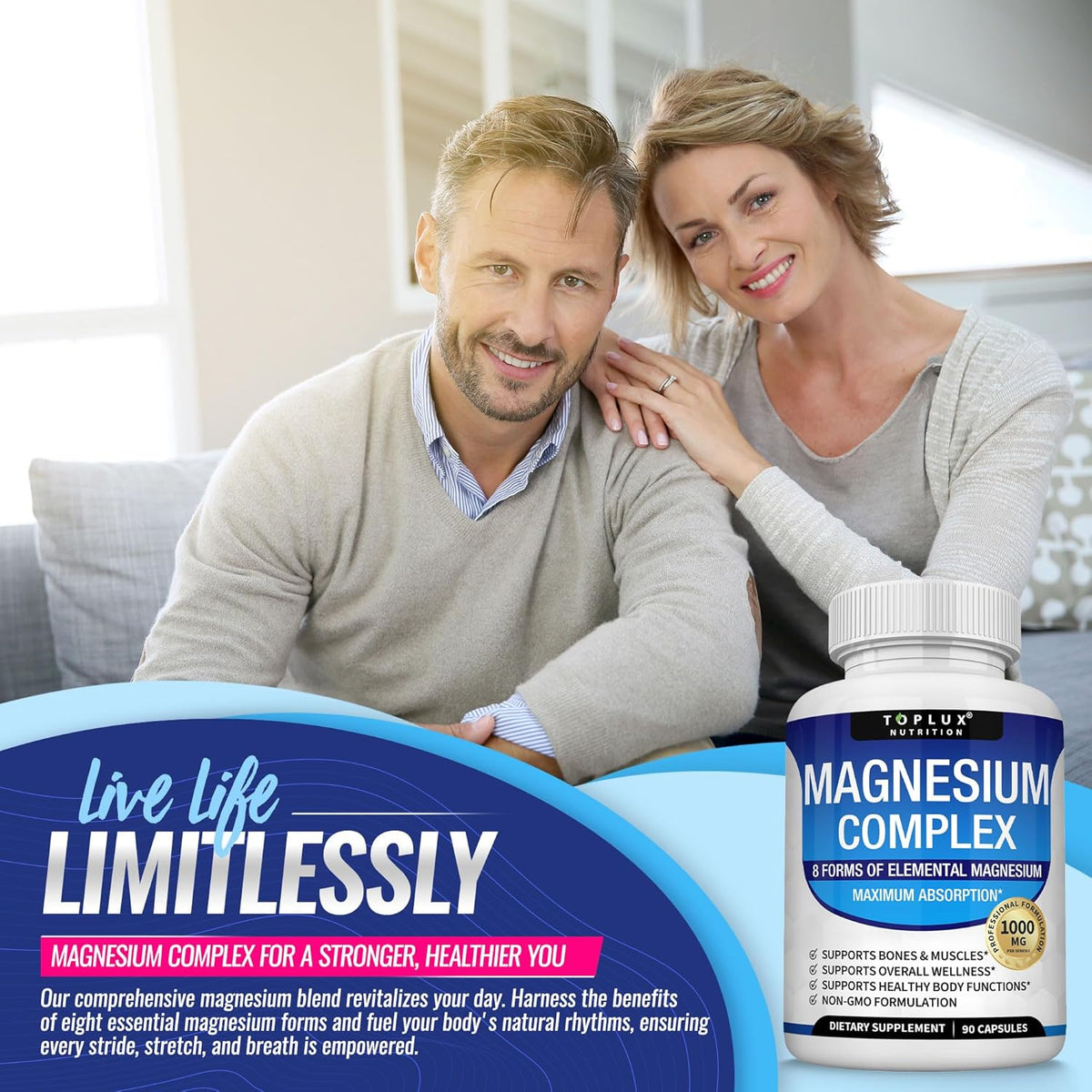 Magnesium Complex Supplement 8 Elemental 1000mg - Magnesium Glycinate, Citrate, Malate, Taurate, Chelated for Easy Absorption for Bones, Muscle, Recovery, Energy, Vegan Non-GMO 90 Capsules by KARONDA RENE LEWIS