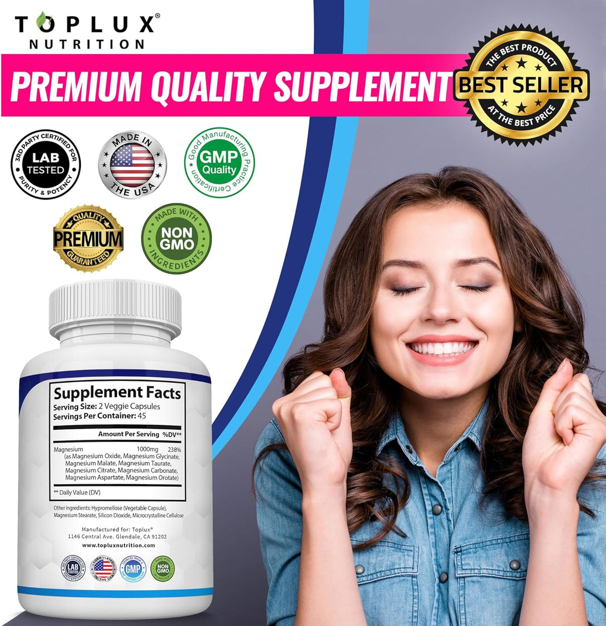 Magnesium Complex Supplement 8 Elemental 1000mg - Magnesium Glycinate, Citrate, Malate, Taurate, Chelated for Easy Absorption for Bones, Muscle, Recovery, Energy, Vegan Non-GMO 90 Capsules by KARONDA RENE LEWIS