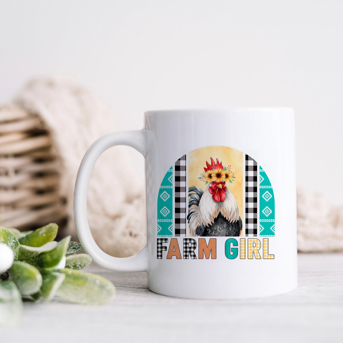Farm Girl Mug – Rustic Farmhouse Coffee Cup with Sunflower Chicken Art by Joyful Moose
