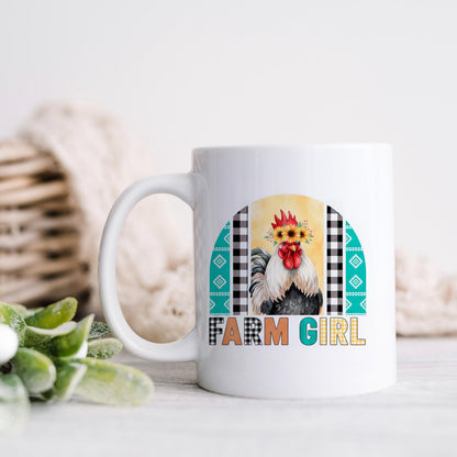 Farm Girl Mug – Rustic Farmhouse Coffee Cup with Sunflower Chicken Art by Joyful Moose