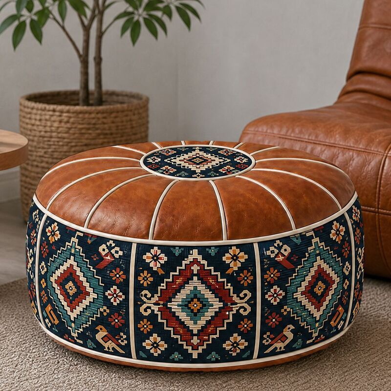Bohemian ottoman pouf cover with water-resistant PU leather top — cover only; filling not included