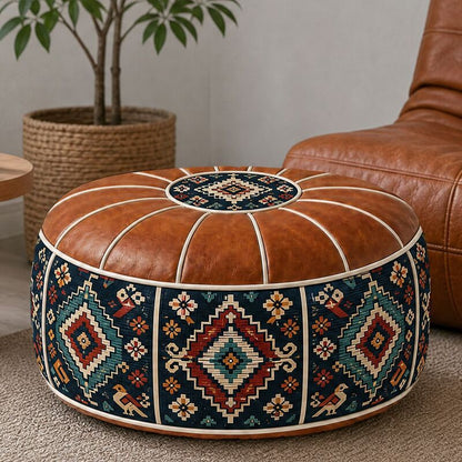 Bohemian ottoman pouf cover with water-resistant PU leather top — cover only; filling not included