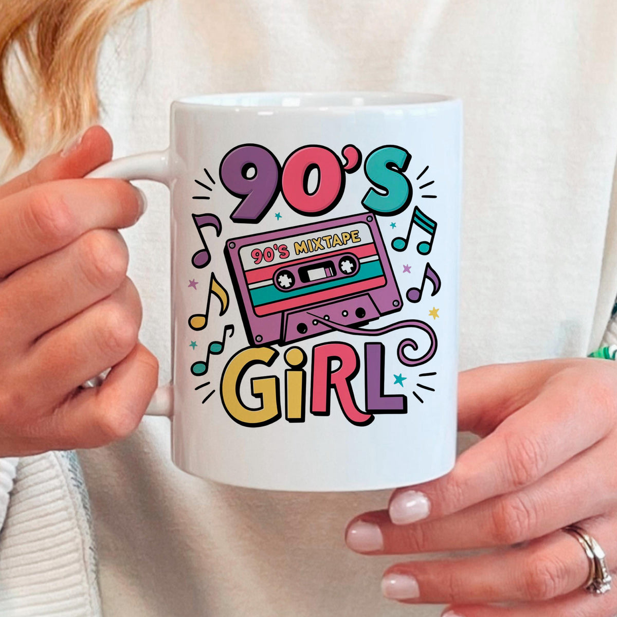 90s Girl Coffee Mug – Retro Cassette Tape Design | Microwave Safe Ceramic Cup by Joyful Moose