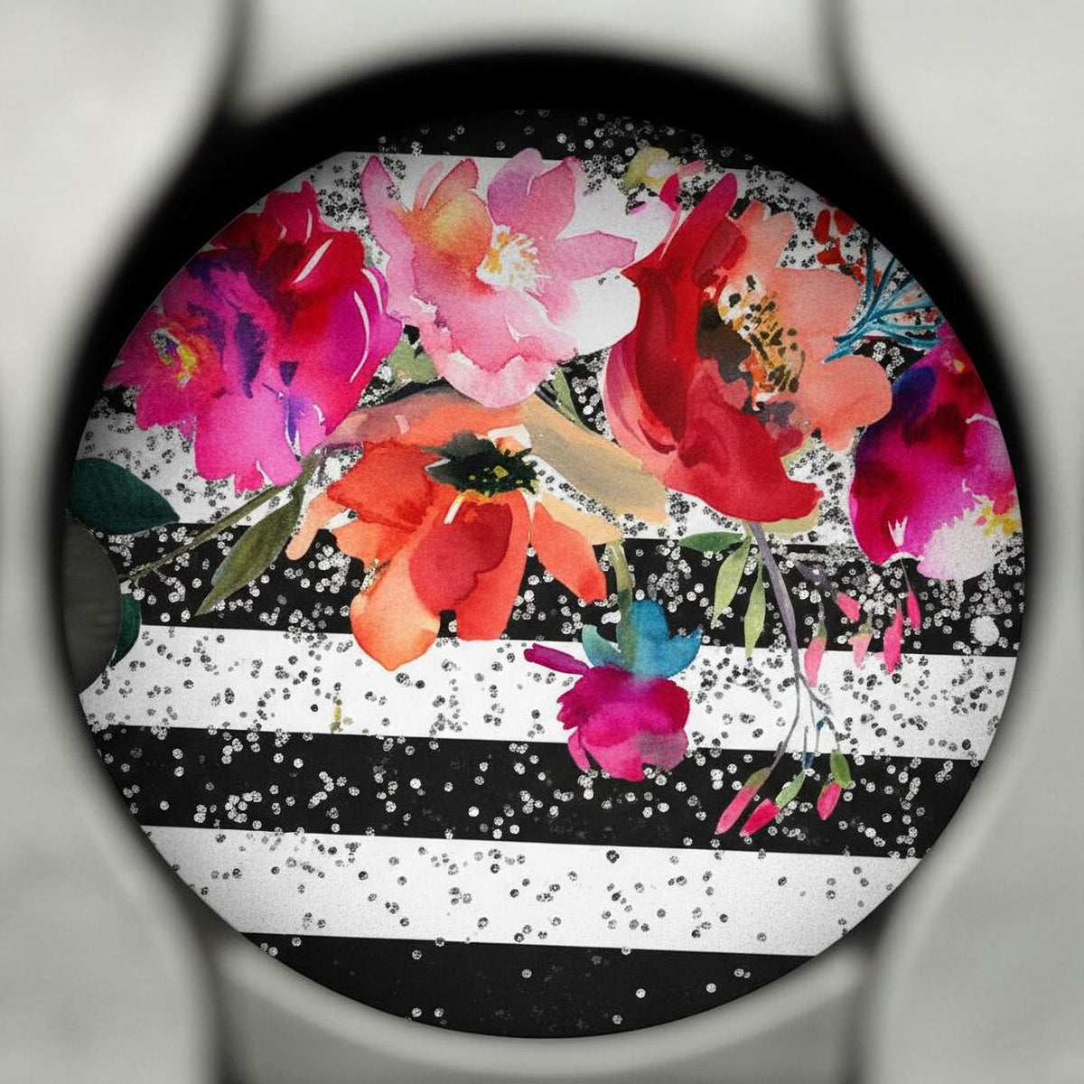 Floral Car Coaster - Black White Stripe Sandstone Moisture Absorbing Coaster by Joyful Moose