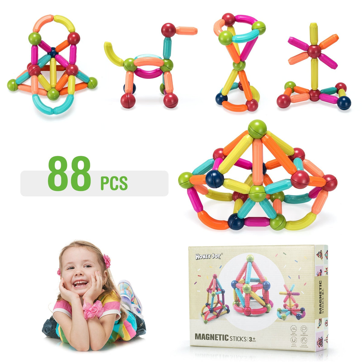 Magnetic ball and rod building blocks, 88 pieces, by GBruno Store, view 8