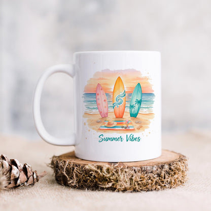 Summer Vibes Mug – Coastal Coffee Cup With Surfboard Art And Ocean Sunset Design by Joyful Moose