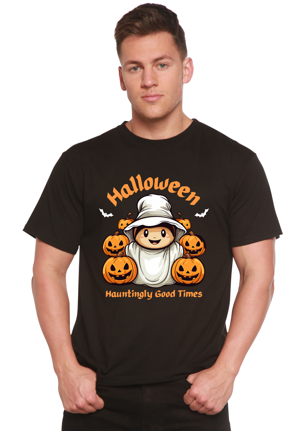 Halloween Hauntingly Good Times Day men's short sleeve graphic T-shirt in bamboo viscose and organic cotton