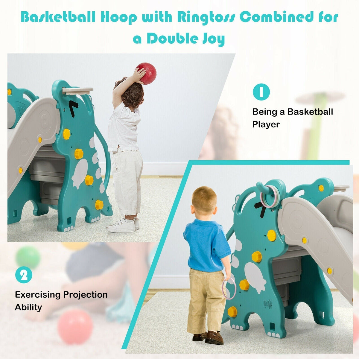 Green kids slide play set with basketball hoop by GBruno Store, view 6