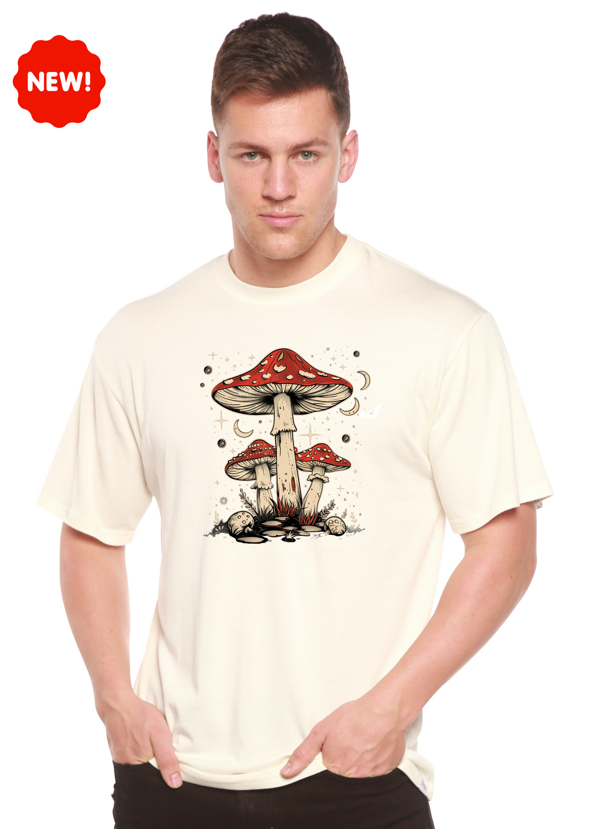 Boho Retro Hippie Mushrooms Natural unisex short sleeve graphic T-shirt in bamboo viscose and cotton