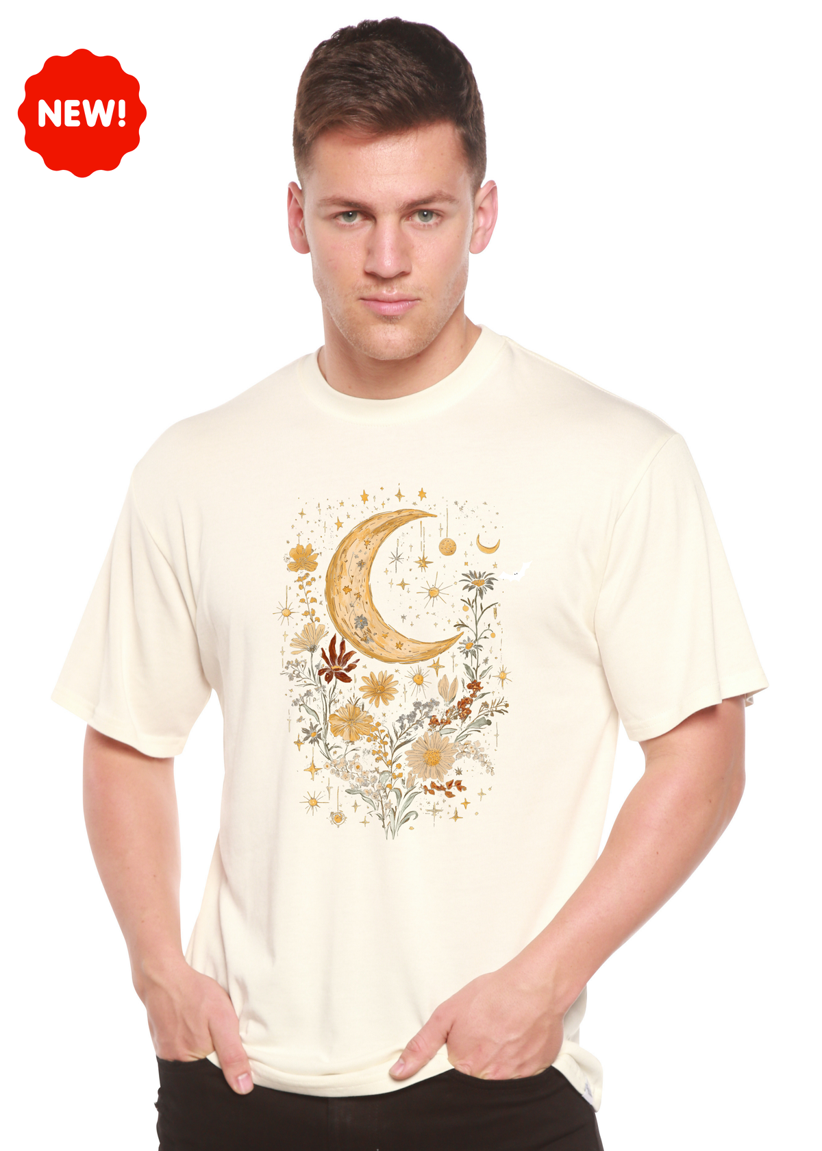 Celestial Moon Boho Flowers Vintage unisex short sleeve graphic T-shirt in bamboo viscose and cotton