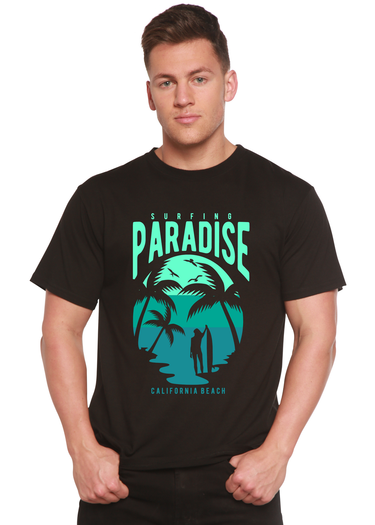 Surfing Paradise California men's bamboo graphic T-shirt – view 3