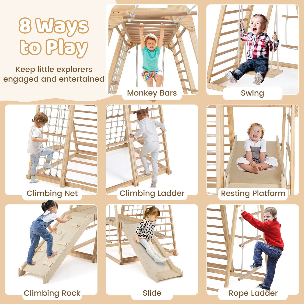 Wooden Montessori climber playset with swing and slide by GBruno Store, view 10