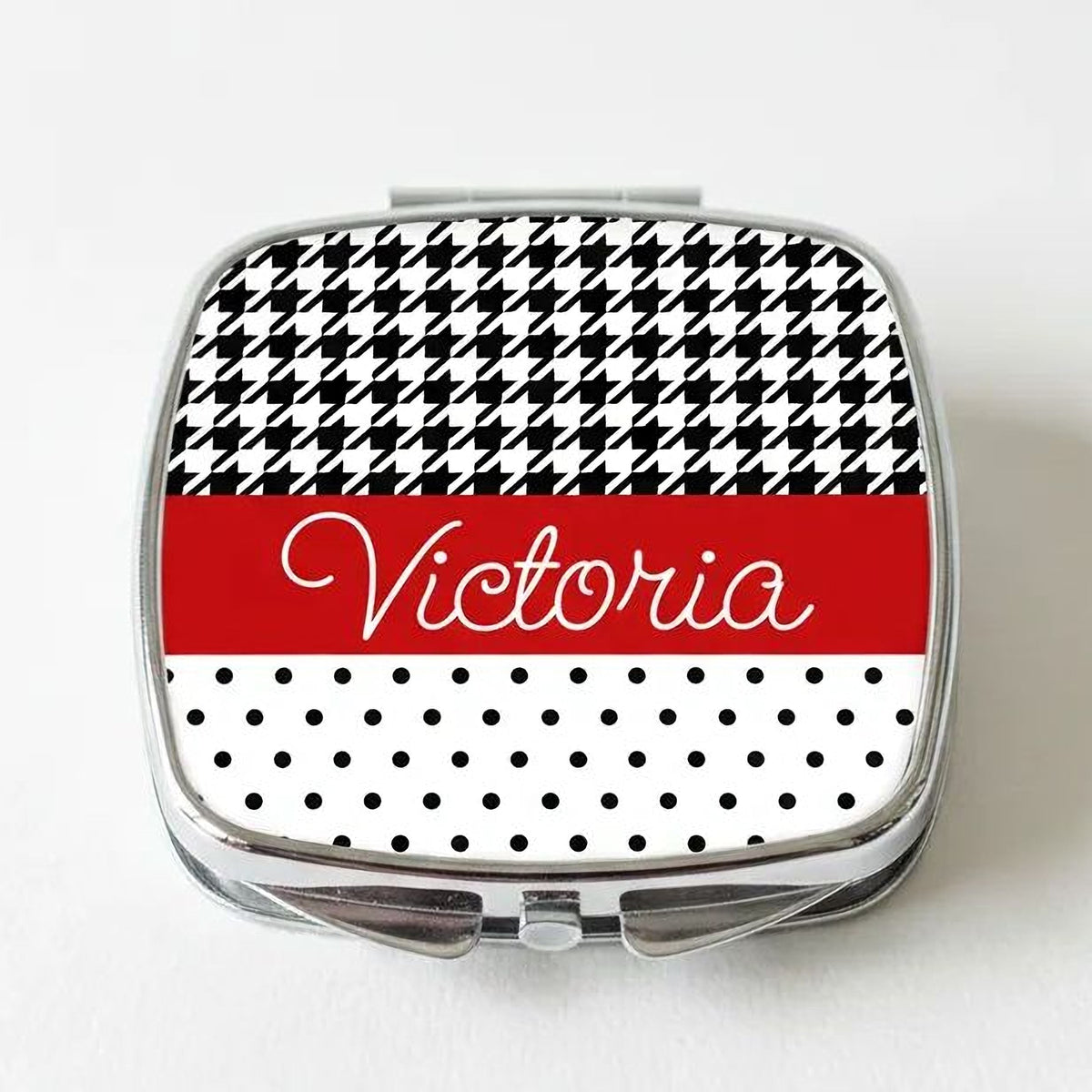 Personalized Compact Mirror - Red Black Polka Dot Houndstooth Custom Bridesmaids Gifts - Personalized Bridesmaids Gifts by Joyful Moose