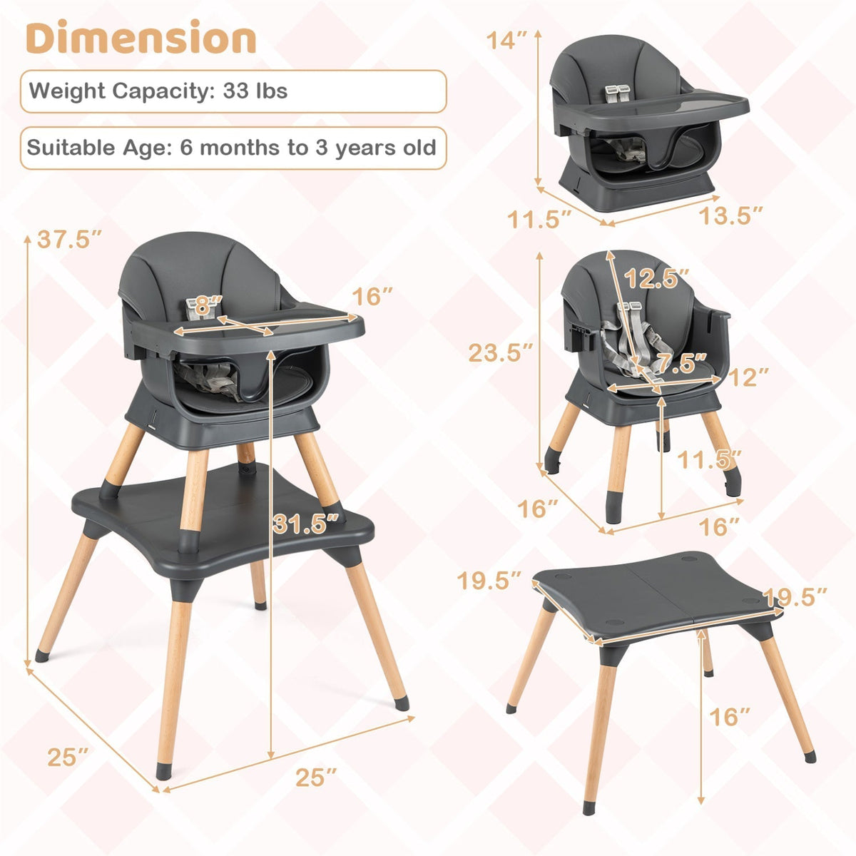 9-in-1 convertible high chair with solid wood legs by GBruno Store, view 6