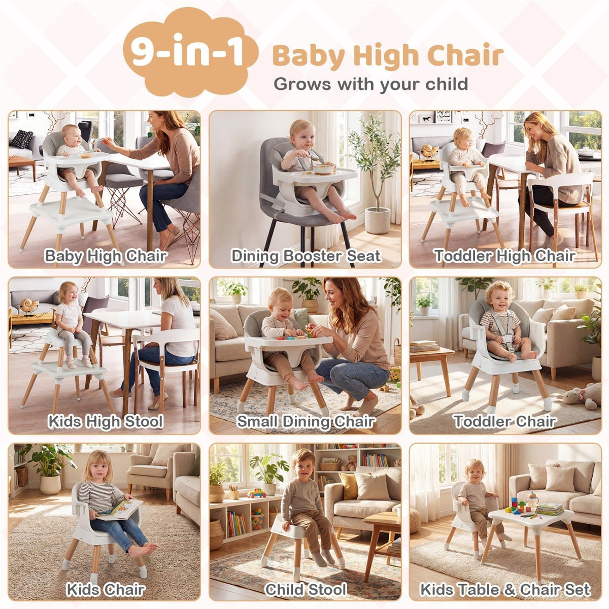 9-in-1 convertible high chair with solid wood legs by GBruno Store, view 21