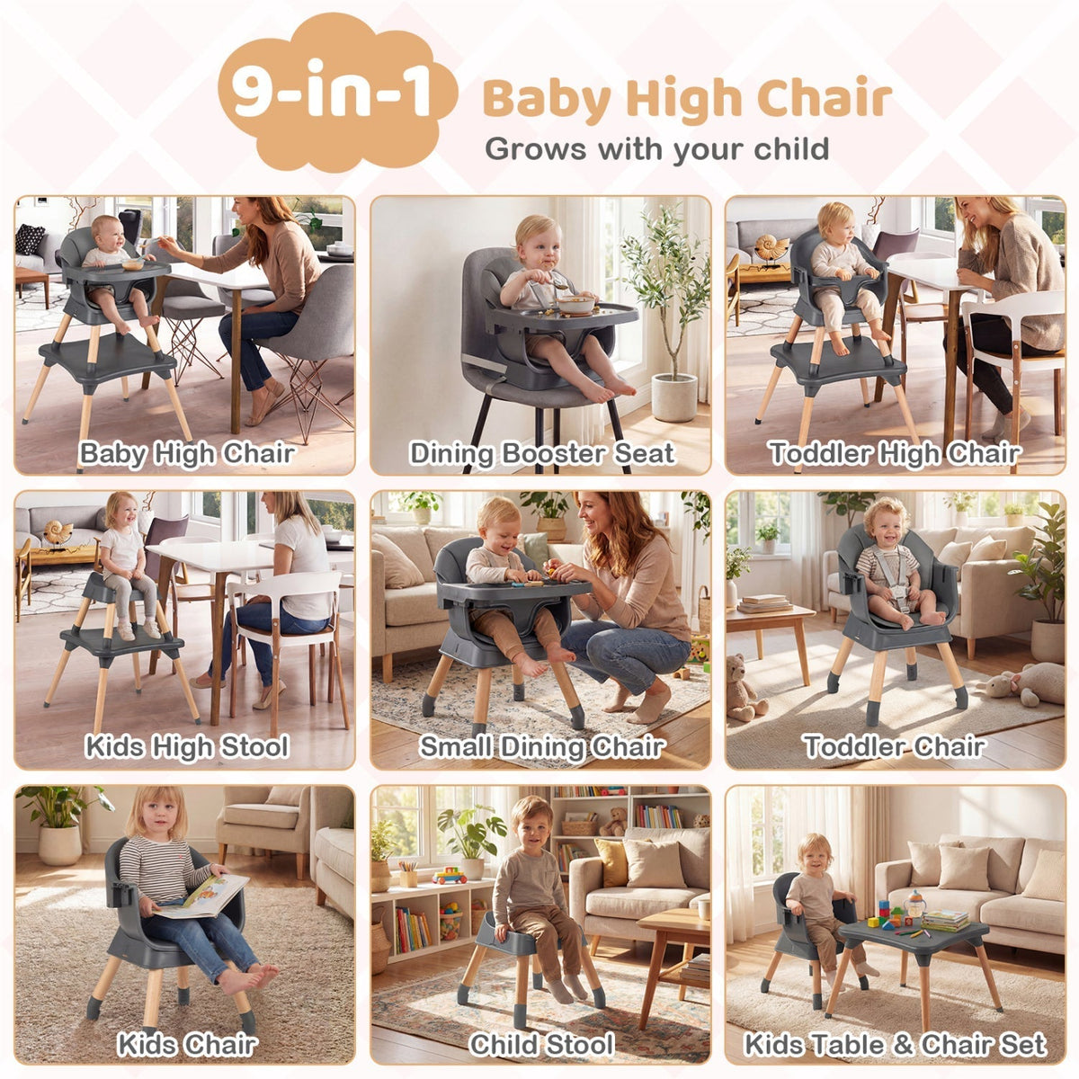 9-in-1 convertible high chair with solid wood legs by GBruno Store, view 7