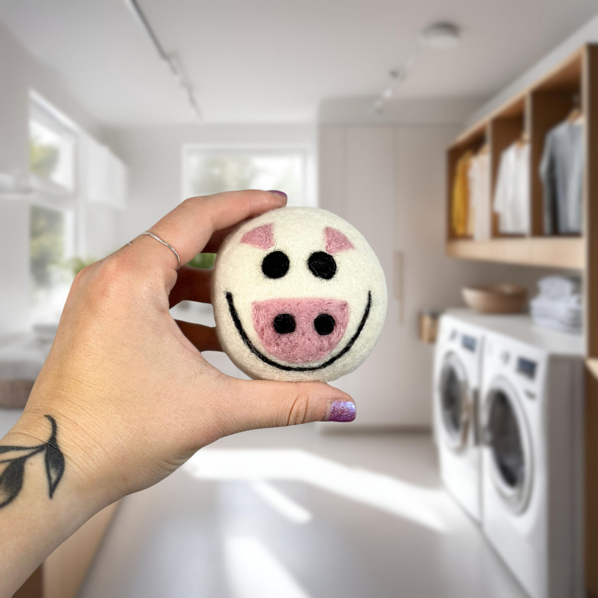 Organic wool dryer balls in Porky design