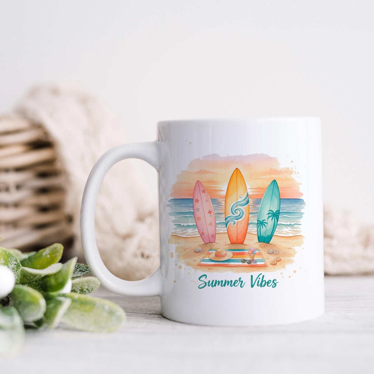 Summer Vibes Mug – Coastal Coffee Cup With Surfboard Art And Ocean Sunset Design by Joyful Moose